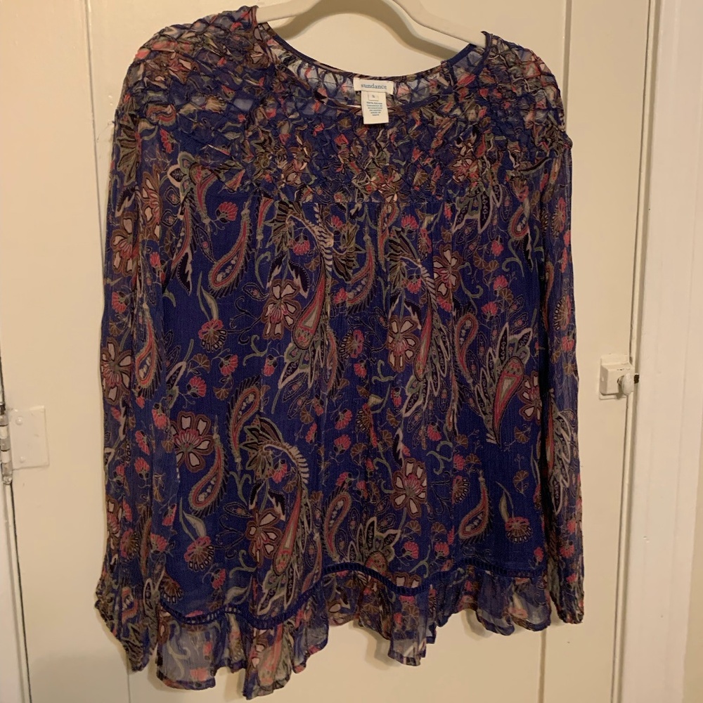 Sundance Catalog Indigo Blue Multi Paisley Diamond Smocked Peasant Top S…